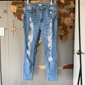 High rise distressed skinny light wash stretchy denim jeans